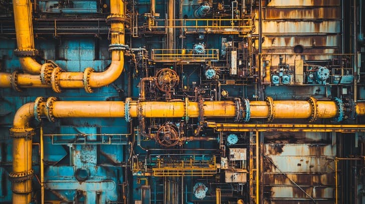 Complex industrial piping system glowing with clean corporate management indicators